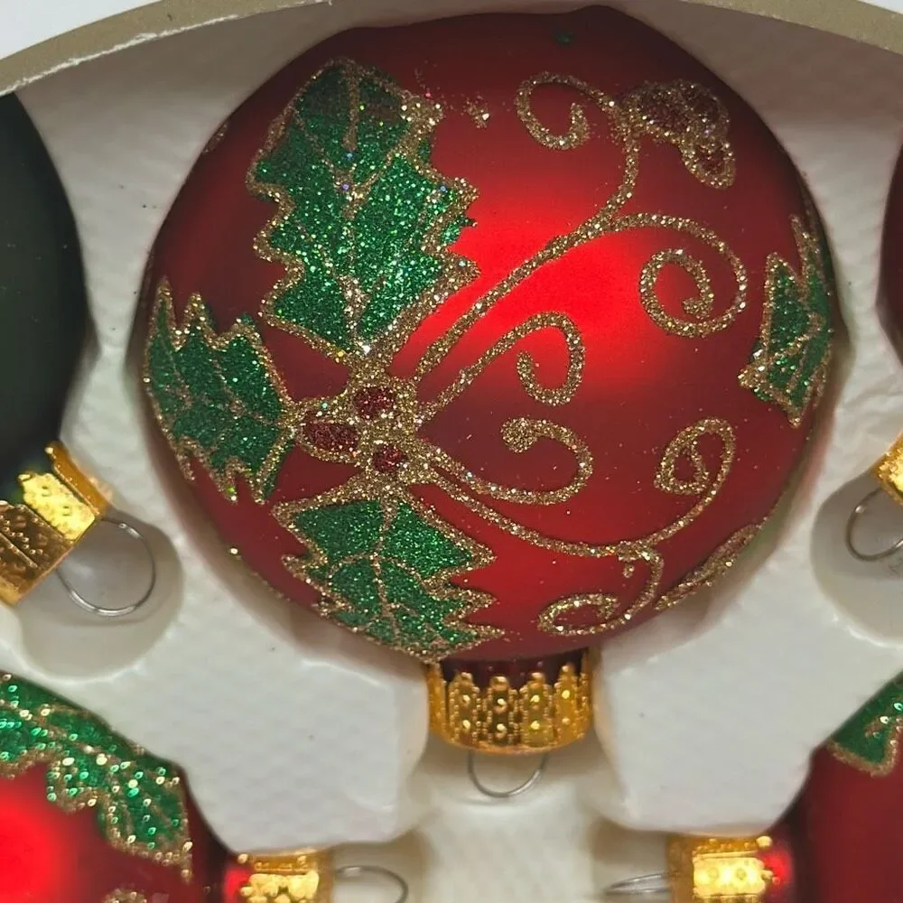 Sparkling Creations‎ Glass Ornaments Gold Red Green Christmas set of 2